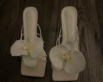 White and yellow handmade orchid flower sandal heels