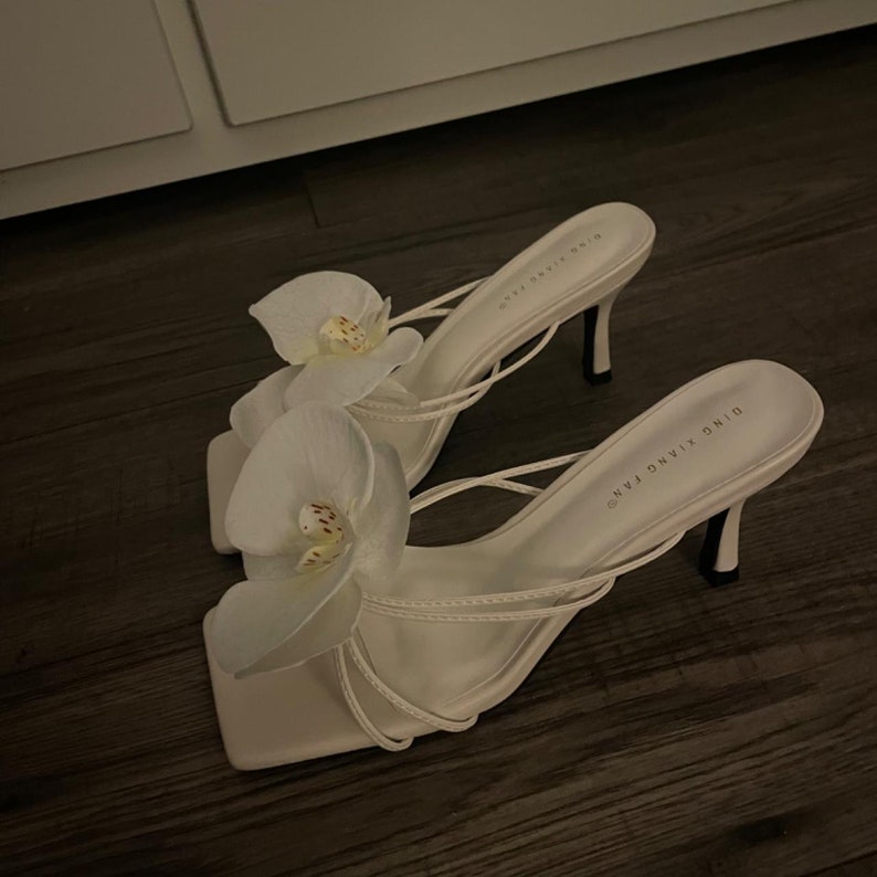 White and yellow handmade orchid flower sandal heels image 2