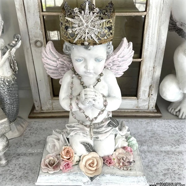 Large Shabby White Praying Angel statue French Country Cherub Rhinestone rusty Crown Heart Locket Vintage Beads Pink Wings Paper Roses