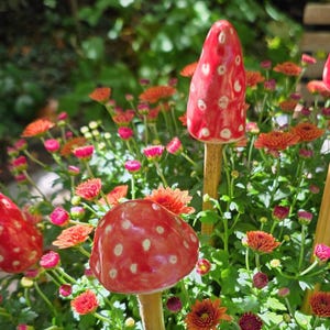 Könnte beinhalten: Zwei Keramik-Pilz-Gartenstecker mit glänzenden roten Kappen und weißen Punkten. Ein Pilz hat eine hohe, konische Kappe, der andere eine abgerundete, kuppelförmige Kappe. Beide sind auf dünnen Holzstäben montiert und stehen zwischen orangefarbenen Blumen.