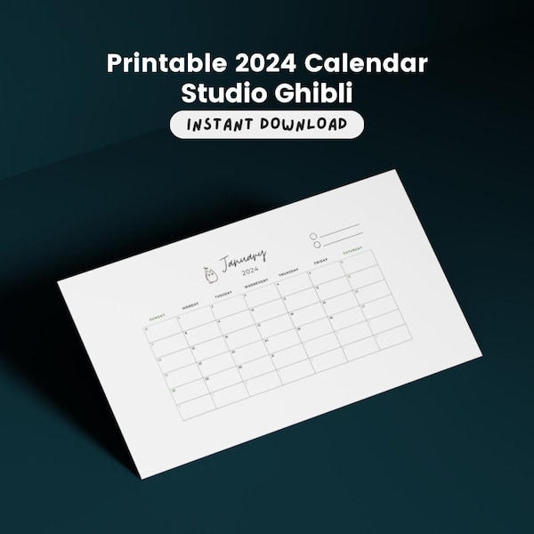 Printable calendar 2024 studio ghibli minimalist, A4, A3, PDF, Studio ghibli