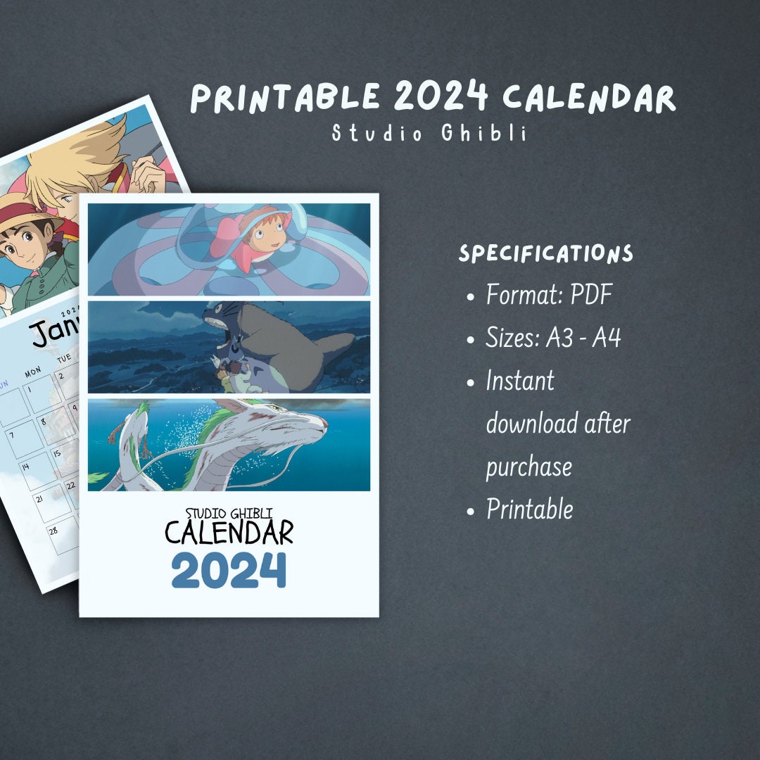 Printable calendar 2024 studio ghibli, A4, A3, PDF, Studio ghibli