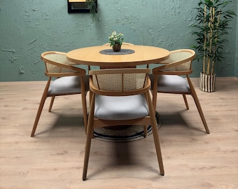 Dining Chair with Wooden Arms - Linen Dining Chairs - Chairs for Living Room - Chairs for Dining - Rattan Wooden Chairs