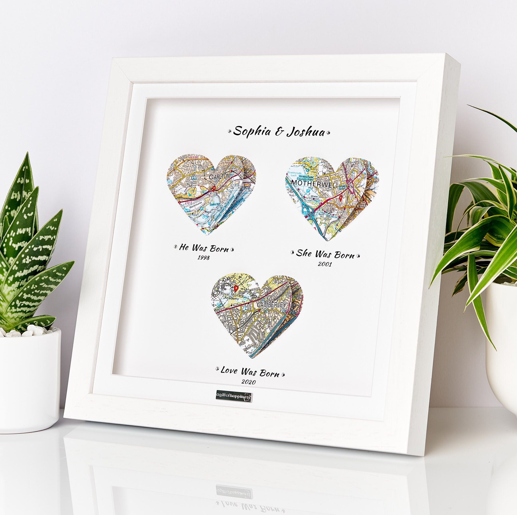 4 Year Linen Anniversary Maps Picture Gift in Solid Wood Box Frame