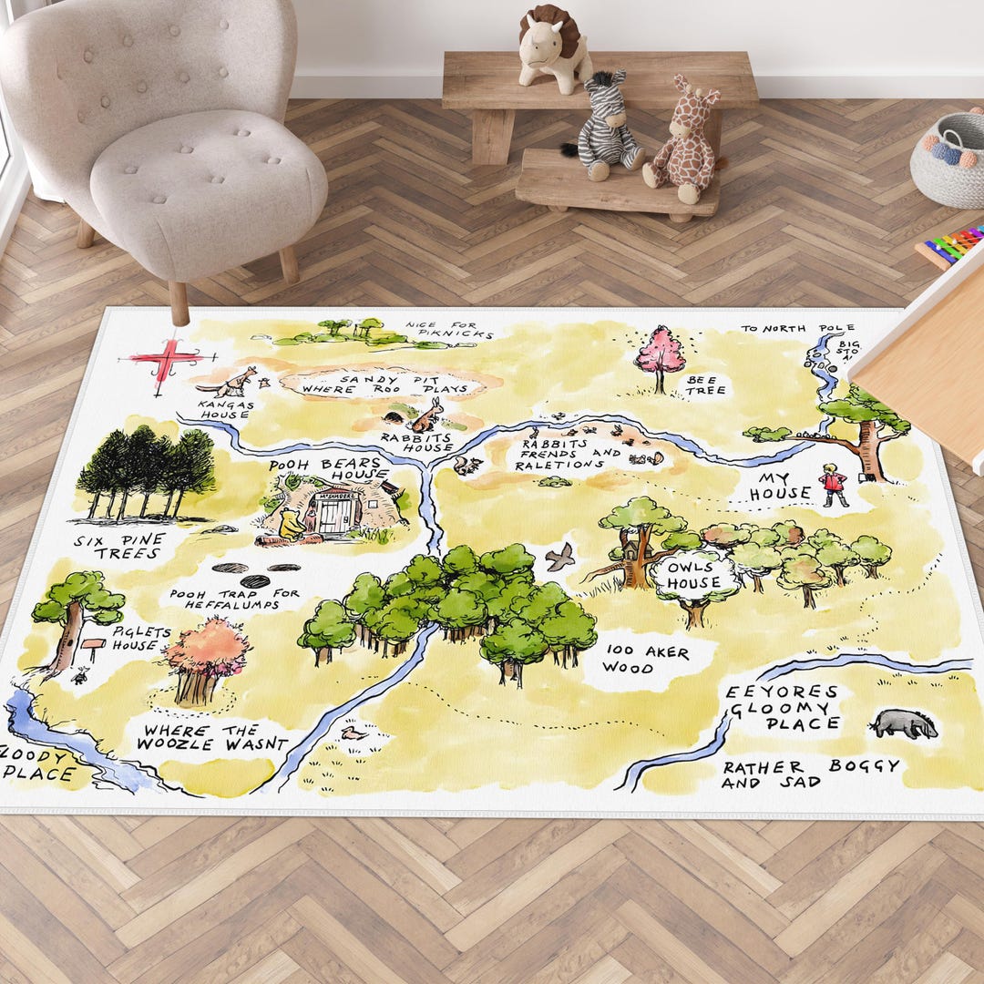 Classic Winnie the Pooh Rug, Woodland Map Rug, Non-slip Green Hundred ...