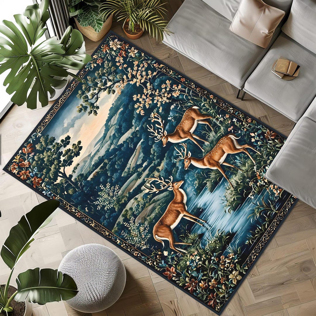 Vintage Deer in Forest Landscape Rug, Elegant Floral Wildlife Area ...