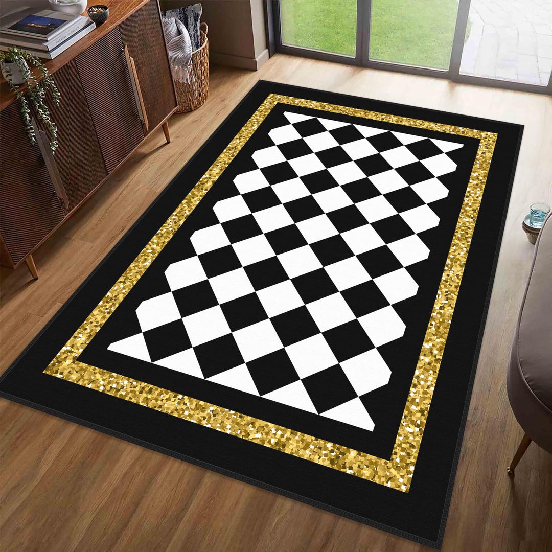 Black Checkered Bedroom Rug