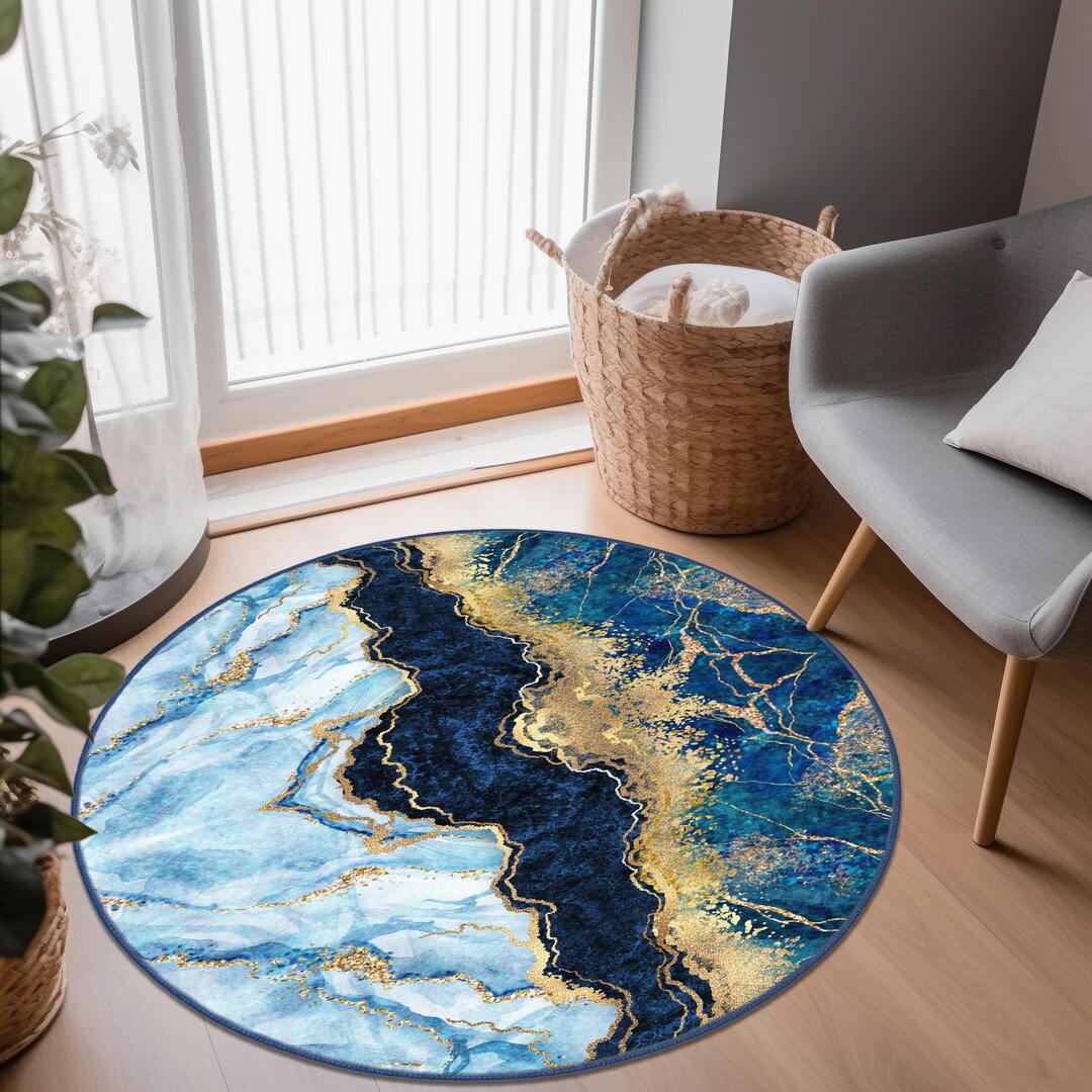 Round Blue Marble Area Rug With Gold Accents for Living Room or Bedroom ...