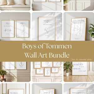 May include: A collection of wall art prints featuring line drawings, quotes, and sports jersey designs inspired by the Boys of Tommen series. The prints are displayed in wooden frames and include text such as Hi Claire Bear, Hi Mi Lady, and Binding 13.