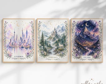 May include: Three vertical art prints in light wood frames. The first shows a city skyline labelled LUNATHION. The second depicts a mountain castle and deer labelled TERRASEN. The third shows a mountain landscape labelled VELARIS. All feature floral borders.