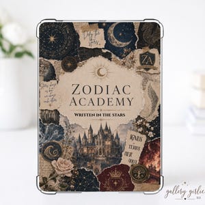 May include: A rectangular tablet case featuring a collage design with the text Zodiac Academy Written in the Stars. The imagery includes a central castle, celestial charts, a crescent moon, a rose, and various script notes in dark blue and beige.