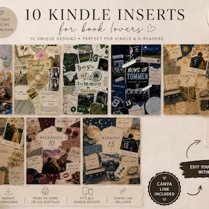 May include: A digital collection of 10 Kindle inserts featuring collage-style designs with text, photographs, and graphics. The layouts include themes like sports, music, and romance, with editable elements for customization in Canva for e-readers.
