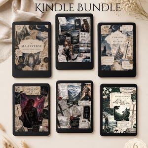 May include: Six black e-readers displaying digital collage skins with fantasy themes, including text reading MAASVERSE INSPIRED KINDLE BUNDLE and 6 DESIGNS included. The screens feature illustrations of castles, swords, mountains, and figures.