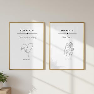 May include: Two framed wall art prints with gold frames. The left print features the text REDEMING 6, I'll be seeing ya Malloy, a line-art heart with a flower, and JOEY AND AOBH. The right print shows REDEMING 6, Since I was 12, a line-art couple, and JOEY AND AOBH.