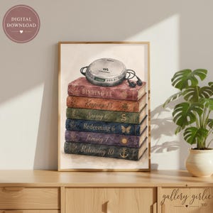 Puede incluir: Una impresión de arte digital que muestra una pila de seis libros antiguos con letras doradas. Los títulos son Binding 13, Keeping 13, Saving 6, Redeeming 6, Taming 7 y Releasing 10. Un reproductor de CD Sony Walkman plateado descansa encima.