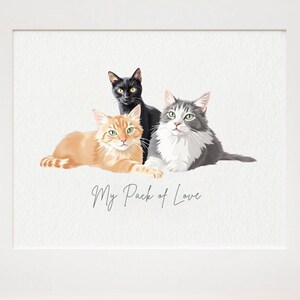 May include: A framed watercolor portrait of three cats: an orange tabby, a black cat, and a gray and white cat. The text "My Pack of Love" is below the cats. The image is framed in a light wood frame. Text on the image says "Combine multiple photos into one portrait masterpiece" and "READY IN 24 HOURS!"