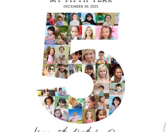 Custom Number 5 Photo Collage Canvas • Personalized 5th Birthday Poster • Fifth Birthday Photo Board • Kids Birthday Memory Print