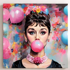 Bubblegum Girl Pop Art Canvas | Kleurrijke Mode Muurdecoratie | Modern Vrouwelijk Portret | Chique Glamour Decoratie | Roze Ballon Kunstwerk | Audrey Cadeau