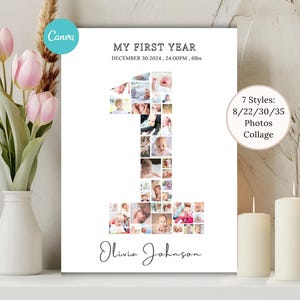 1歳の誕生日フォトコラージュテンプレート：編集可能な数字「1」の写真サイン（デジタルダウンロード、Canva対応）
