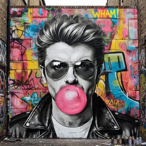 George Michael Pop Art Portret, Retro Graffiti Street Art, Bubblegum Muurdecoratie, Muziekicoon uit de jaren 80, Kleurrijke Urban Muziek Decoratie, 96 Stijlen