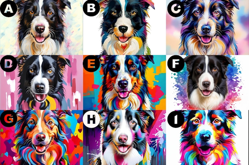 May include: A collection of nine distinct artistic portraits of Border Collie dogs, labeled A through I, featuring varied color palettes including vibrant rainbow hues, soft pastels, and bold abstract splashes, all showcasing the dogs' faces.