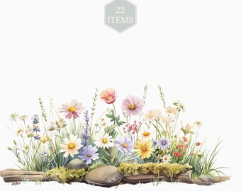 22 flores silvestres en imágenes prediseñadas de registro, acuarela floral en imágenes prediseñadas de roca, diseños de bordes, flores silvestres florales imágenes prediseñadas borde floral, dibujos en colores pastel