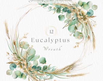 Eucalyptus Watercolor Wreath Clipart Set, Botanical Greenery PNG SVG (Digital Download)