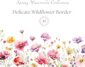 Pink Purple Wildflowers Clipart | Floral Watercolor Border PNG | Spring Flower Illustrations | Cottagecore Botanical Art |