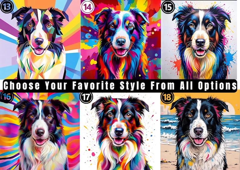 May include: A collection of six distinct artistic portraits of a border collie dog, each featuring vibrant, multi-colored patterns and styles. The image includes the text "Choose Your Favorite Style From All Options" and numbered circles from 13 to 18.