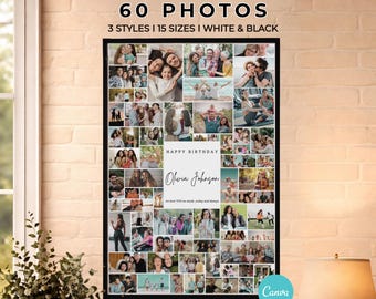 60+ Photo Collage Template, Birthday Memory Wall Art, Personalized Picture Grid (Digital Download)