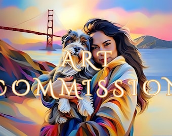 Könnte beinhalten: Digitale Kunstkommission mit einer Frau, die einen kleinen Hund hält, vor der Golden Gate Bridge. Der Text "ART COMMISSION" ist überlagert. Das Kunstwerk hat lebendige Farben.