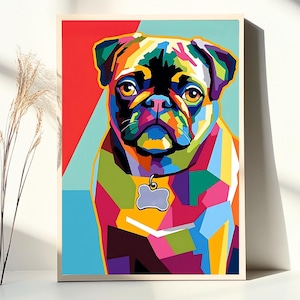 Gepersonaliseerd WPAP-huisdierportret van foto, aangepaste kleurrijke abstracte hondillustratie van foto voor verjaardag, jubileum, gedenkteken, regenboog