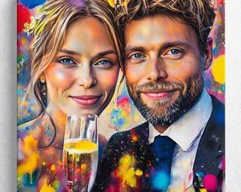 Custom Couple Portrait, Colorful Pop Art Wedding Canvas, Personalized Anniversary Gift, Bride and Groom Wall Art | 90 Styles
