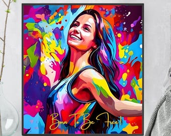 May include: A square wall art print featuring a vibrant, multi-colored abstract background with splashes of blue, yellow, red, and purple. The central figure is a smiling person with long hair, and the text "Born To Be Free" is written in gold.