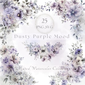 Arrangements floraux violets Clipart arrangements fleurs violets poussiéreux Clipart fleurs sauvages PNG faire-part de mariage Premade frontières SVG lavande
