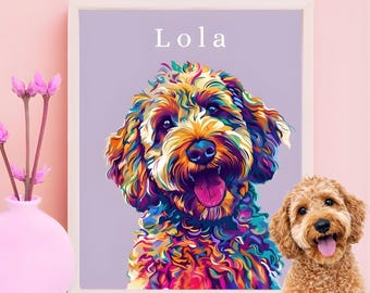May include: A framed digital art print featuring a colorful, stylized portrait of a curly-haired dog with the name Lola printed in white text above the animal. The artwork uses vibrant, multi-colored brushstrokes against a light purple background.