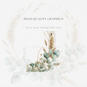 May include: Watercolor illustration of a bouquet of eucalyptus leaves and wheat stalks. The bouquet is in shades of green and brown. The background is a light beige with a circle around the bouquet. The text "HIGH QUALITY GRAPHICS" and "More then 300dpi PNG File" is at the top of the image.