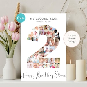 May include: A white photo collage with the number "2" formed from baby photos. The text "MY SECOND YEAR" and "DECEMBER 30, 2023" are above the collage. Below is "Happy Birthday Olivia". A circle on the right says "7 Styles Photos Collage".