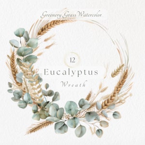 Inviti con ghirlanda di eucalipto e erba Blumenkranz, ghirlanda di eucalipto acquerello, design di bordi con cornice rotonda floreale SVG, corona di alloro PNG