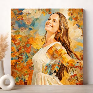 May include: A canvas print of a woman with long brown hair, smiling with her arms outstretched. The woman is wearing a white dress. The background is a colorful abstract design with orange, yellow, blue, and green hues.