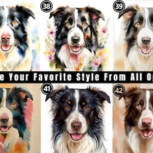 May include: Six watercolor-style portraits of Border Collie dogs labeled 37 through 42. Each dog features distinct black, white, and brown markings with expressive eyes and open mouths. The text CHOOSE YOUR FAVORITE STYLE FROM ALL OPTIONS is centered.
