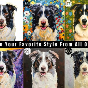 May include: A collection of six distinct portraits of Border Collie dogs, labeled 55 through 60, featuring various artistic backgrounds including floral patterns, lavender fields, and solid colors, with the text Choose Your Favorite Style From All Options.