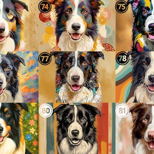 May include: A collection of nine digital illustrations featuring Border Collie dogs in various artistic styles, each labeled with a numbered circle from 73 to 81, showcasing diverse color palettes, patterns, and expressive canine portraits.