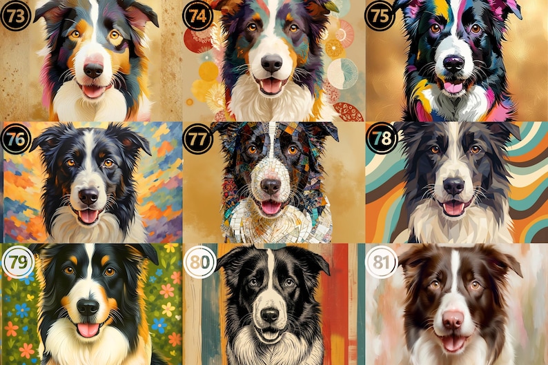 May include: A collection of nine digital illustrations featuring Border Collie dogs in various artistic styles, each labeled with a numbered circle from 73 to 81, showcasing diverse color palettes, patterns, and expressive canine portraits.