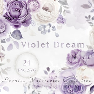 May include: A watercolour illustration of a collection of 24 purple and white peonies. The image is titled "Violet Dream Peonies Watercolour Collection".