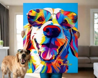May include: A rectangular canvas print featuring a vibrant, multi-colored pop art illustration of a dog wearing rainbow-tinted sunglasses. The artwork includes the name Charlie in cursive script against a bright blue background.