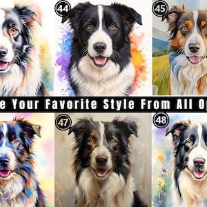 May include: A collection of six distinct artistic portraits of Border Collie dogs, numbered 43 through 48, featuring varied watercolor and vibrant color palettes. The text "CHOOSE YOUR FAVORITE STYLE FROM ALL OPTIONS" is centered below the top row.