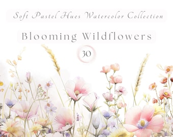 Pastel Wildflower Watercolor Clipart Bundle, 30 Soft Floral PNGs, Spring Flowers, Botanical Clip Art, Romantic Flower Graphics