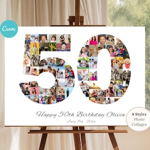 Può includere: Una stampa su tela bianca su un cavalletto, con un collage di foto a forma del numero 50. Il collage è pieno di varie foto. Il testo "Happy 50th Birthday Olivia" e "July 9th, 20xx" sono sotto il numero. Il logo Canva è in alto a sinistra.