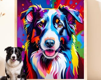May include: A framed wall art print featuring a vibrant, multi-colored pop art illustration of a Border Collie dog. The artwork displays bold hues of blue, red, yellow, and purple, while a real black and white Border Collie sits in front.